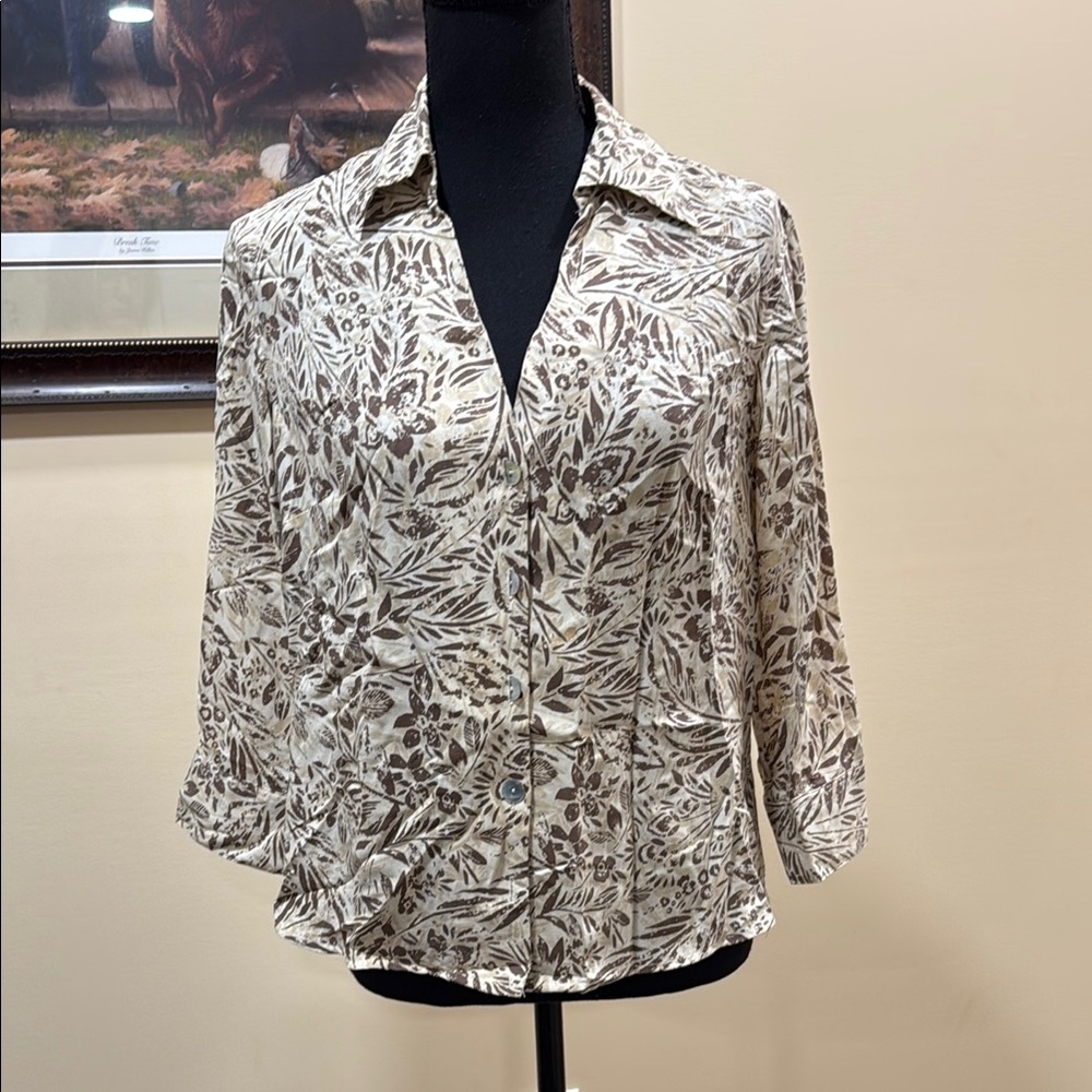 Cream and Brown Relaxed Button Down Shirt with Notched Collar